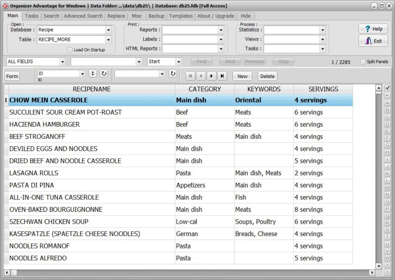 Recipe Cataloging Software for Windows PCs recipe list